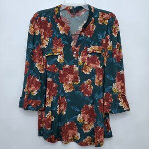 Cocomo Dark Floral Pintuck 3/4 Sleeve Women's Boho Peasant Blouse - Large